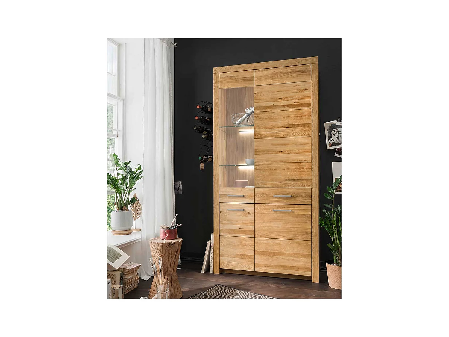 XL Wohnzimmervitrine aus Wildeiche Massivholz Glastür links