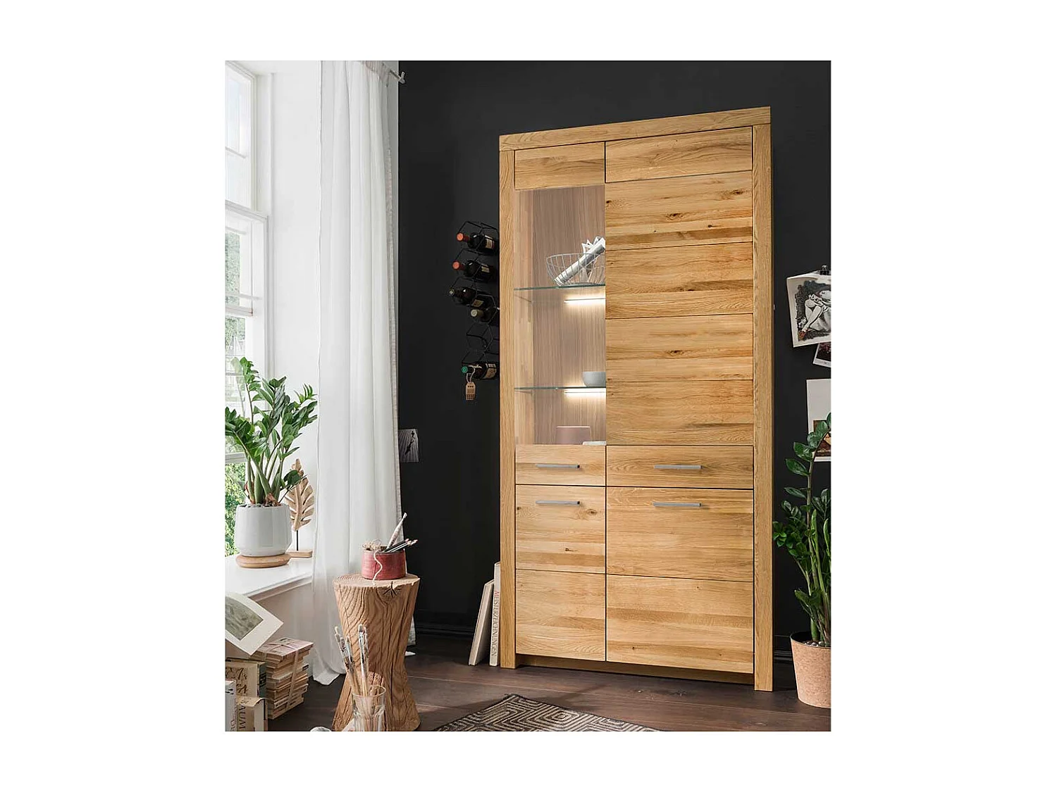 XL Wohnzimmervitrine aus Wildeiche Massivholz Glastür links