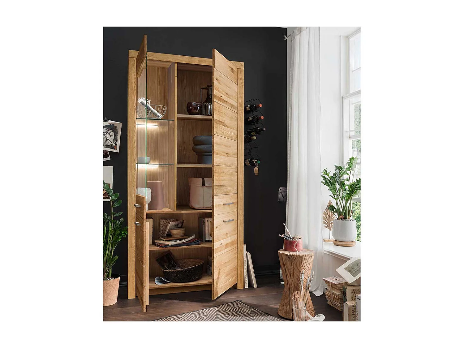 XL Wohnzimmervitrine aus Wildeiche Massivholz Glastür links