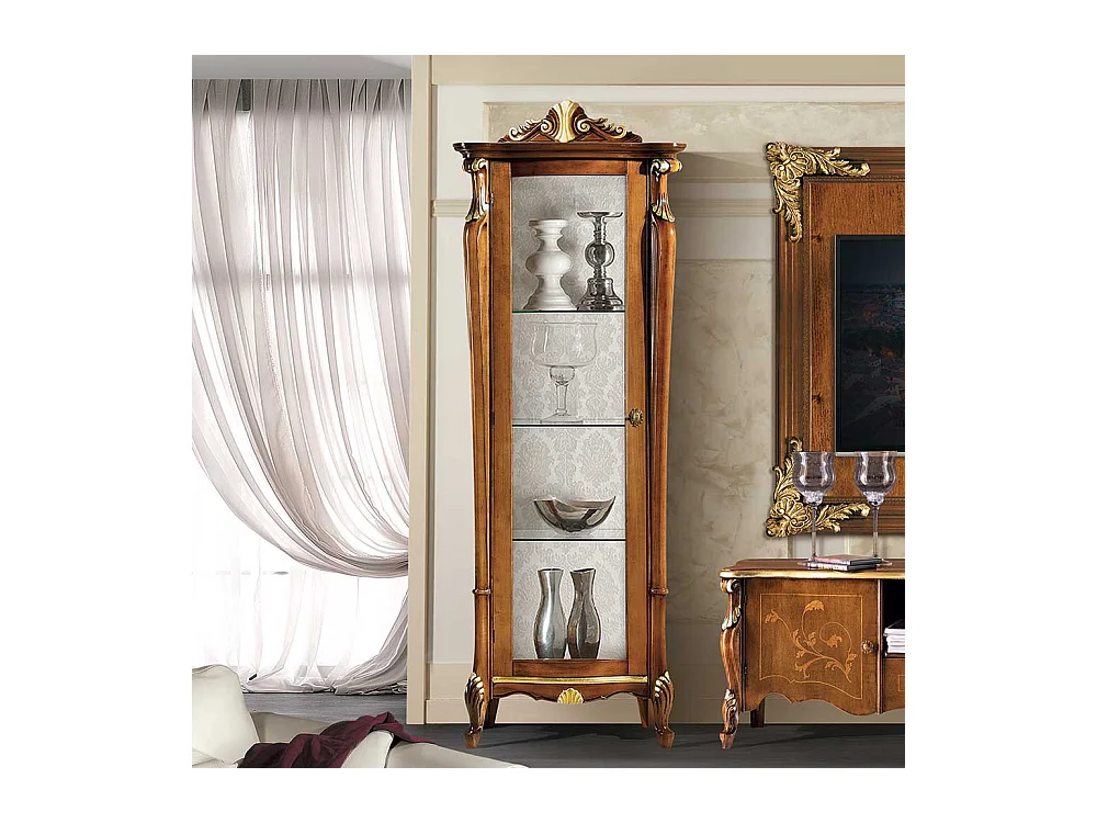 Wohnzimmervitrine in Nussbaumfarben und Weiß italienischen Stil