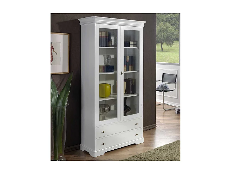 Vintage Stil Standvitrine in Weiß Glastüren und Schubladen