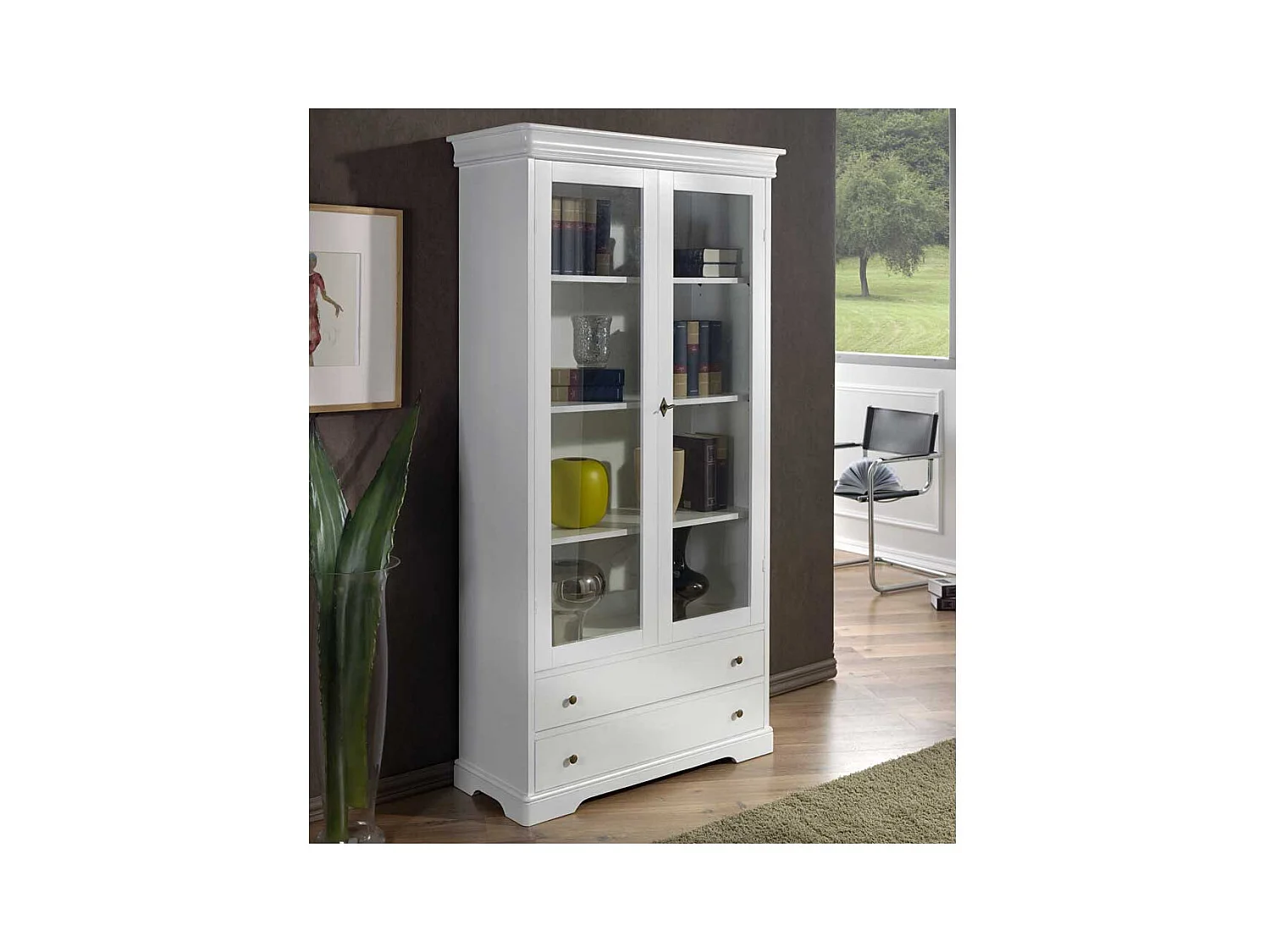 Vintage Stil Standvitrine in Weiß Glastüren und Schubladen