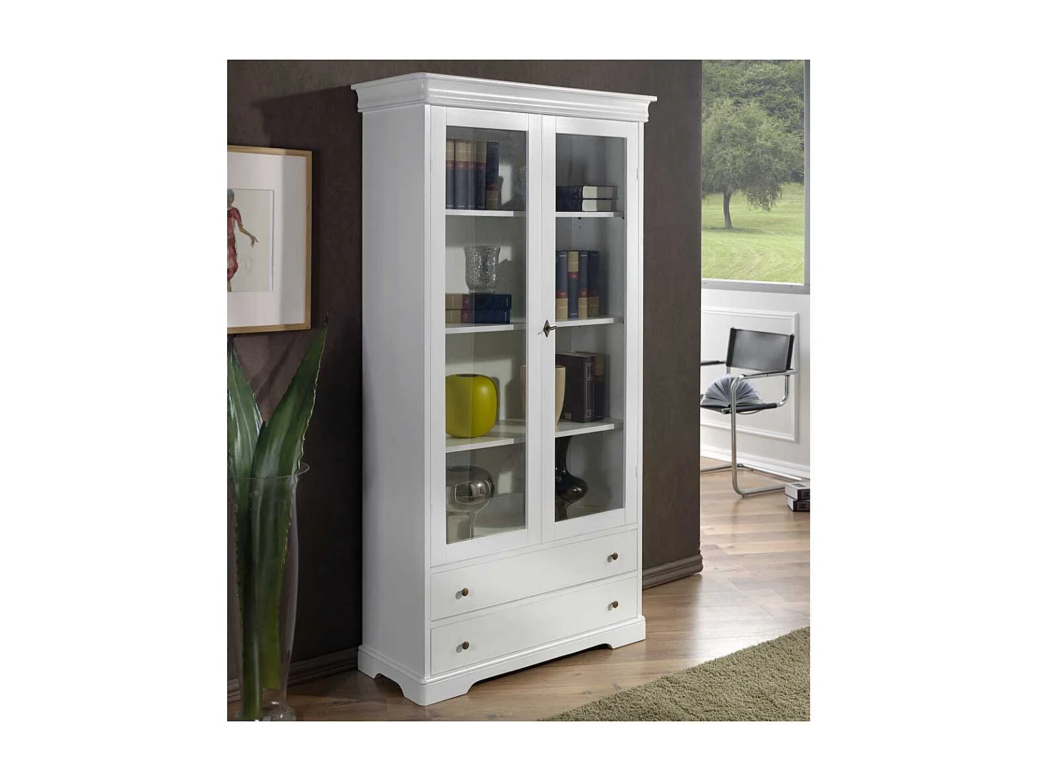 Vintage Stil Standvitrine in Weiß Glastüren und Schubladen