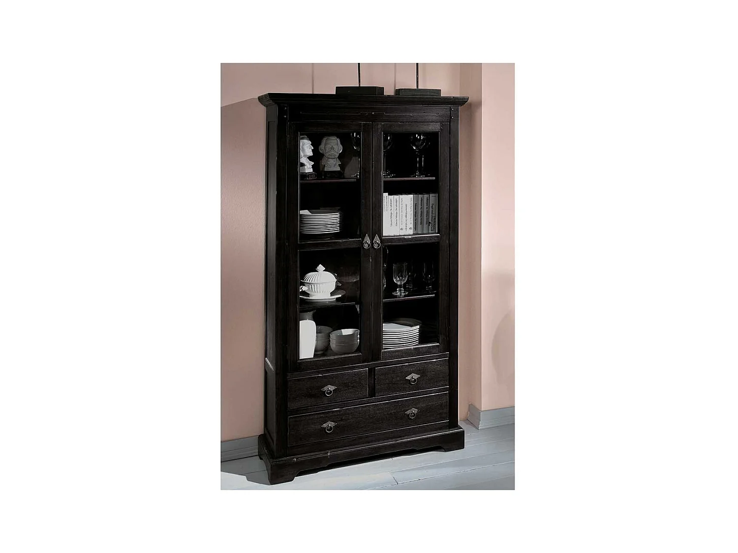 Stauraumvitrine aus Akazie Massivholz Schwarzbraun