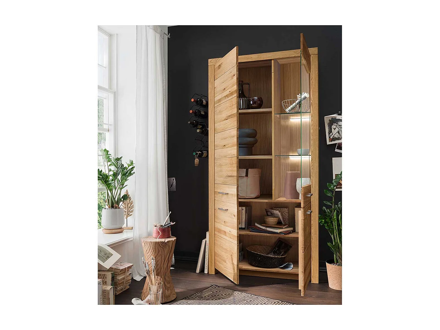 XL Wohnzimmervitrine aus Wildeiche Massivholz 4 Türen mit Soft Close