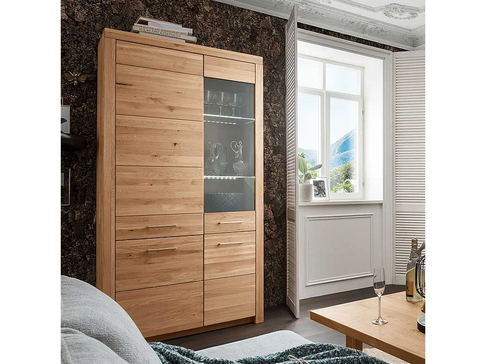 XL Wohnzimmervitrine aus Wildeiche Massivholz 4 Türen mit Soft Close
