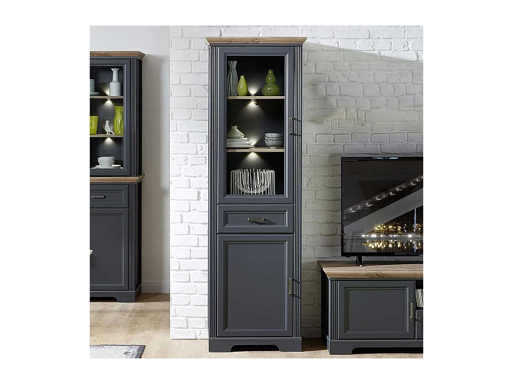 Wohnzimmervitrine im Landhausstil Dunkelgrau und Eichefarben