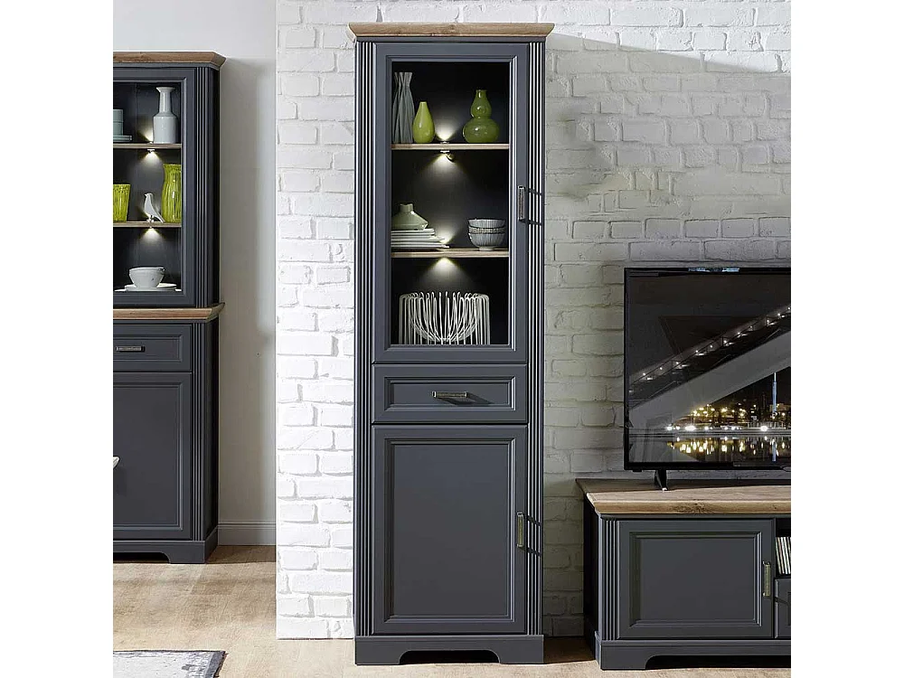 Wohnzimmervitrine im Landhausstil Dunkelgrau und Eichefarben