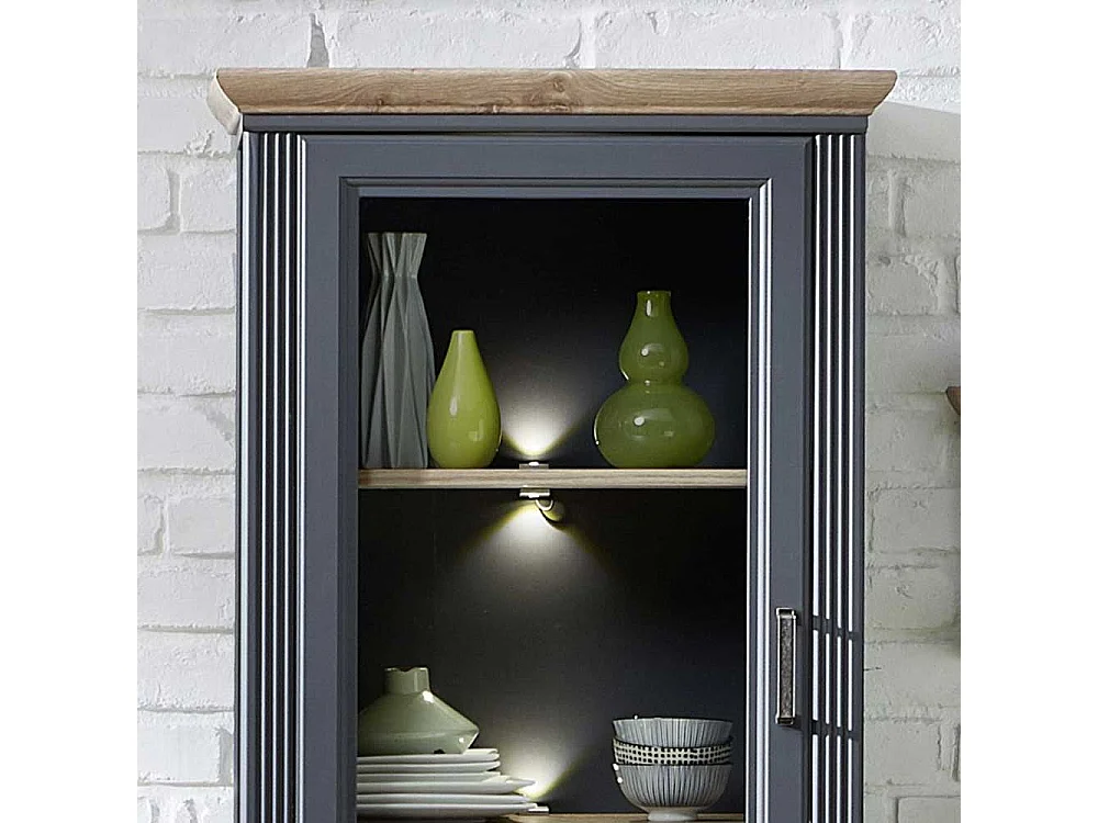 Wohnzimmervitrine im Landhausstil Dunkelgrau und Eichefarben