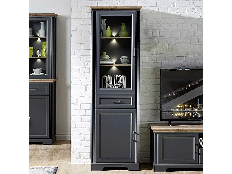 Wohnzimmervitrine im Landhausstil Dunkelgrau und Eichefarben