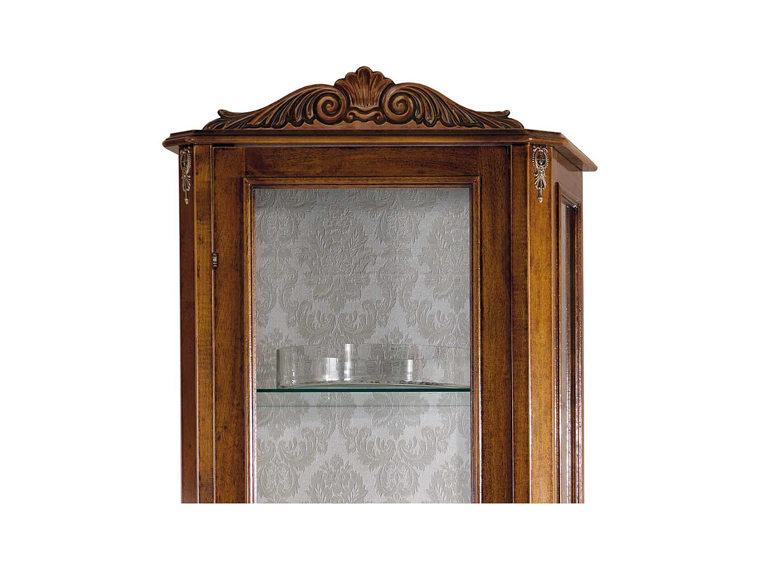 Wohnzimmervitrine in Nussbaumfarben und Weiß einer Schublade