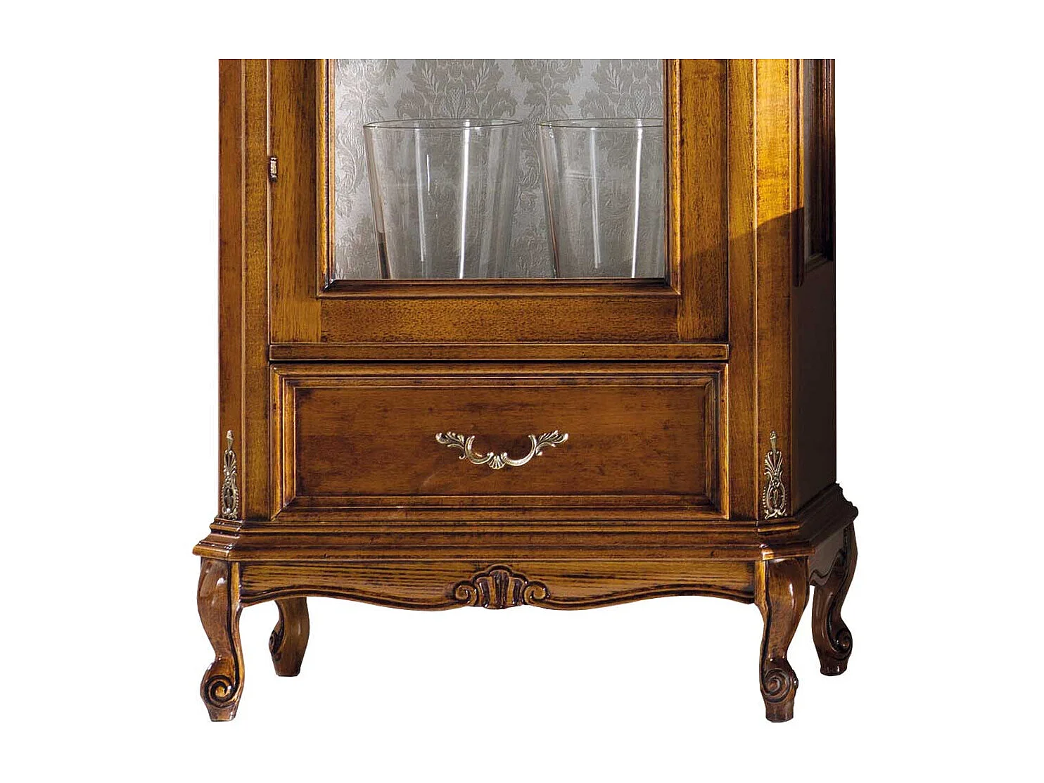 Wohnzimmervitrine in Nussbaumfarben und Weiß einer Schublade