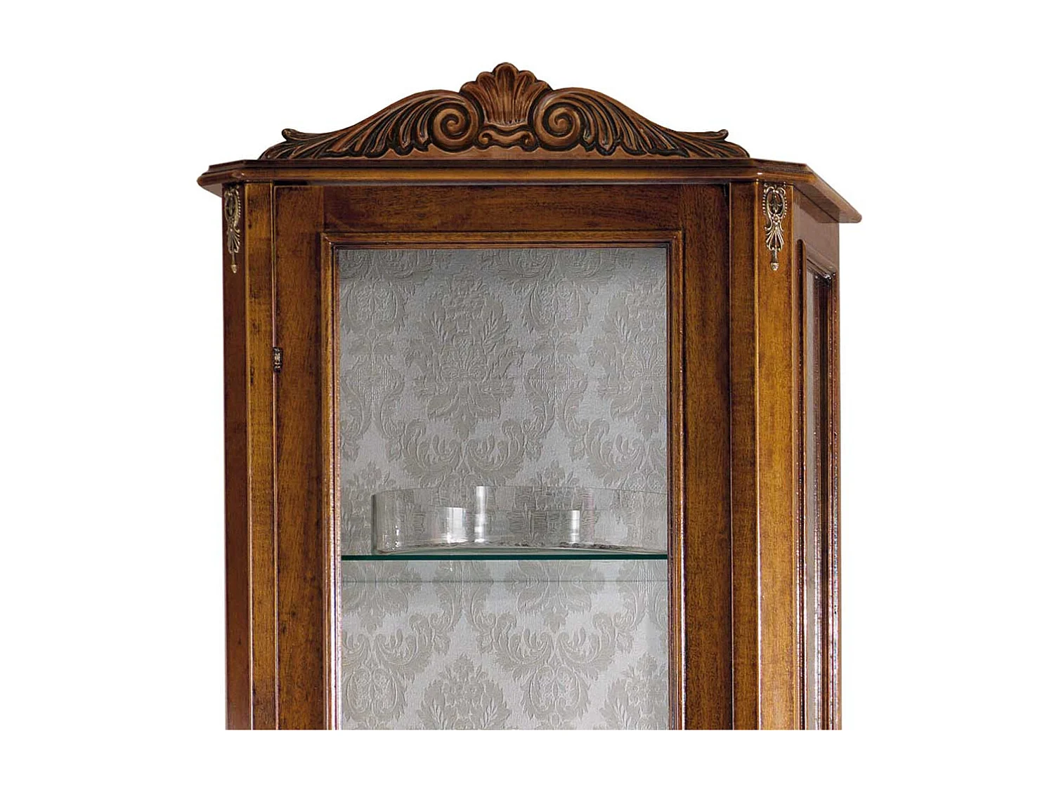 Wohnzimmervitrine in Nussbaumfarben und Weiß einer Schublade