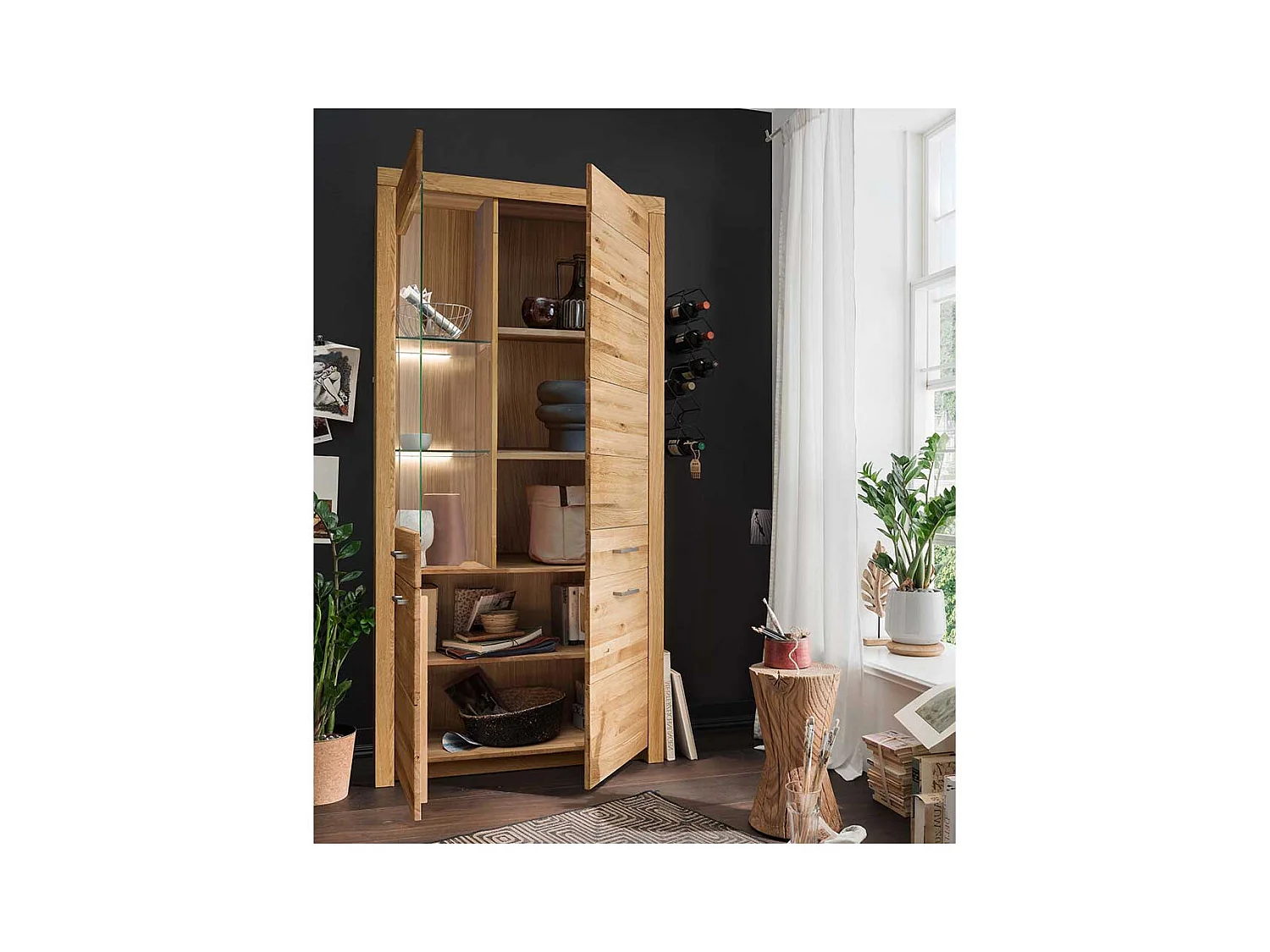 XL Wohnzimmervitrine aus Wildeiche Massivholz Glastür links