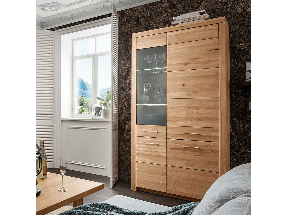 XL Wohnzimmervitrine aus Wildeiche Massivholz Glastür links