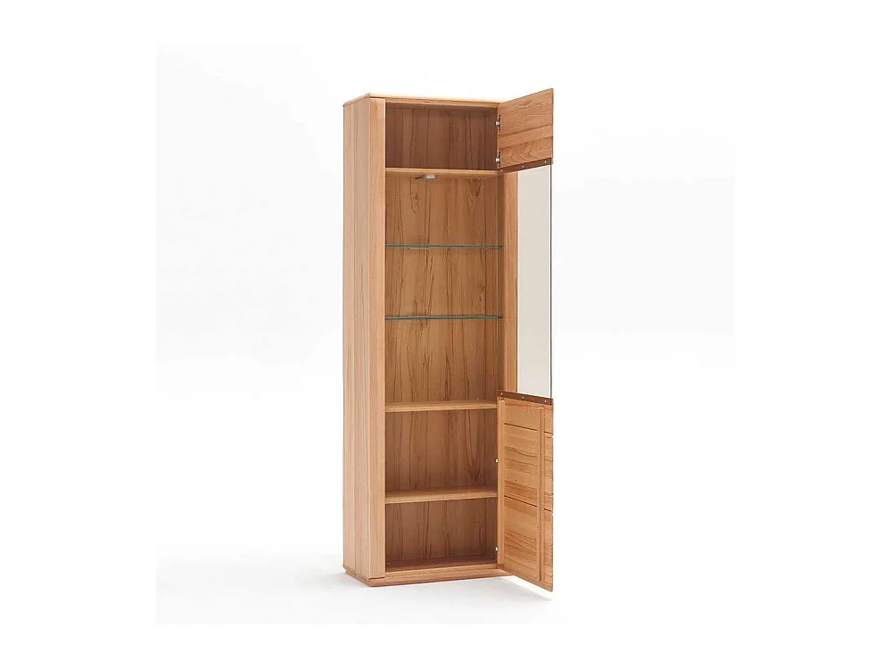 Standvitrine in Kernbuchefarben mit weißer Beleuchtung