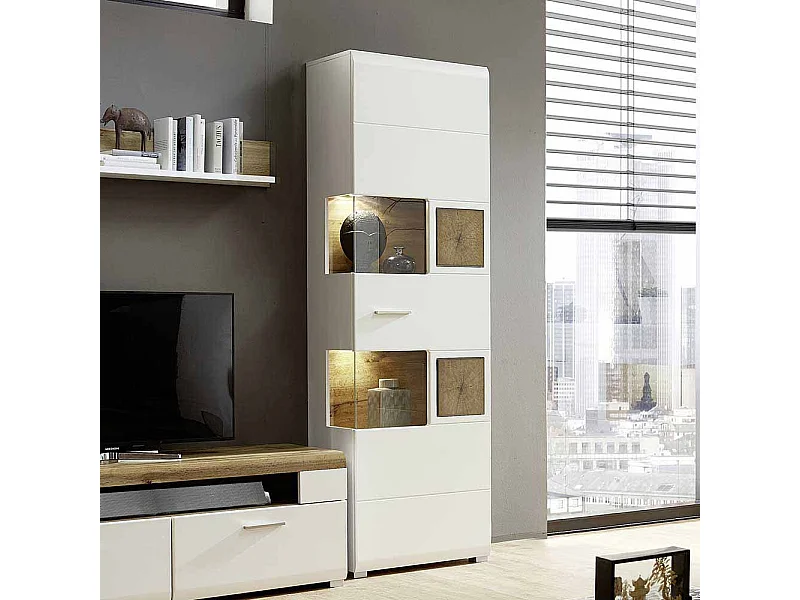 Standvitrine in Weiß Holz Dekor LED Beleuchtung