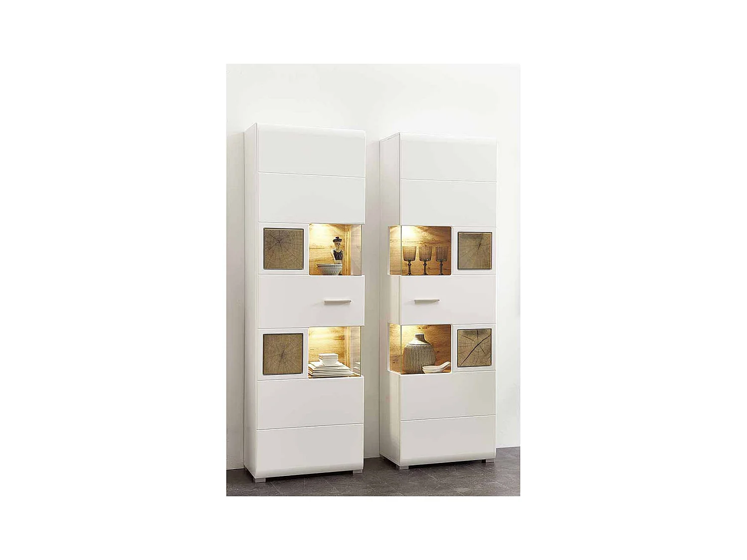 Standvitrine in Weiß Holz Dekor LED Beleuchtung