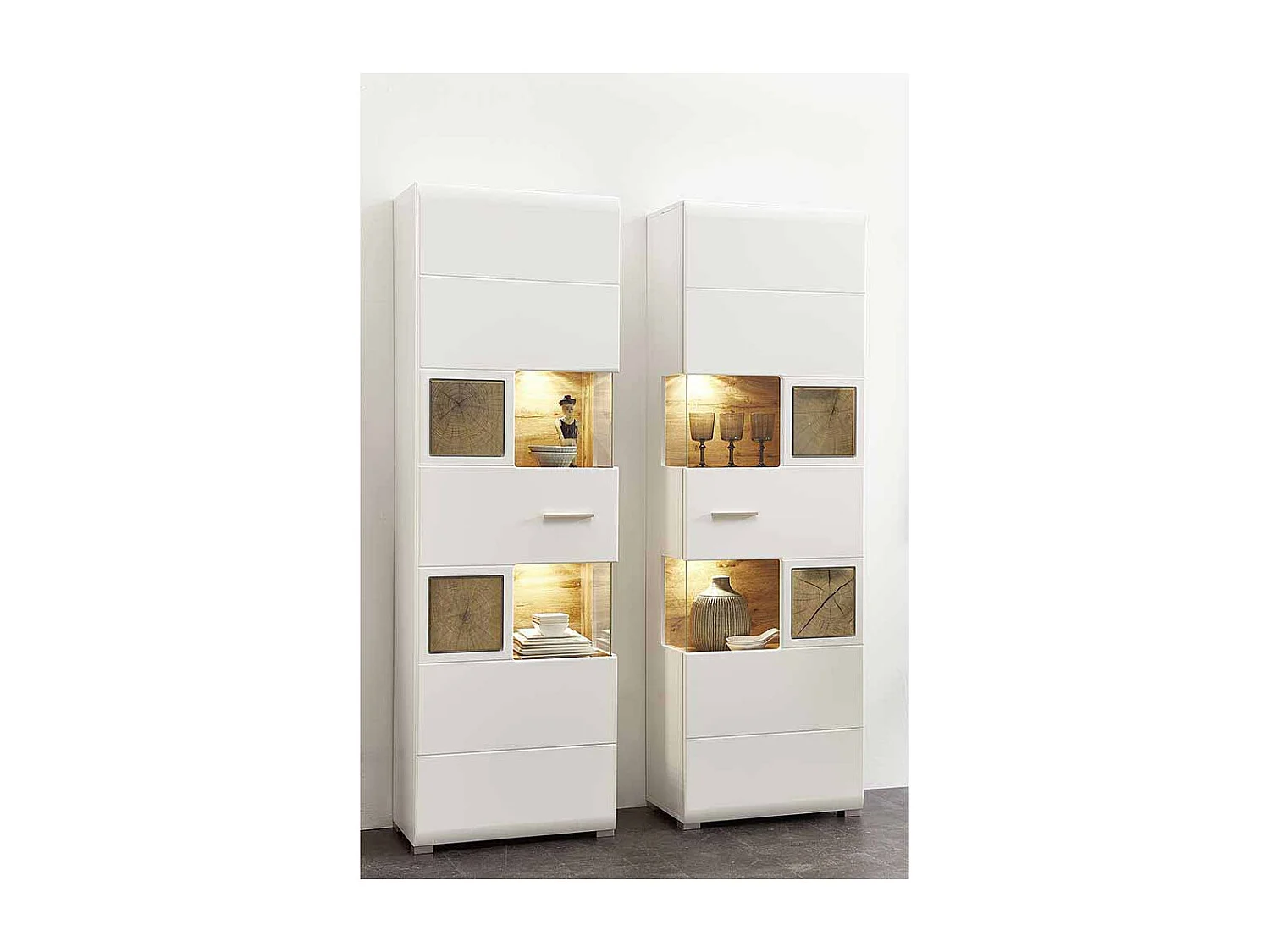 Standvitrine in Weiß Holz Dekor LED Beleuchtung