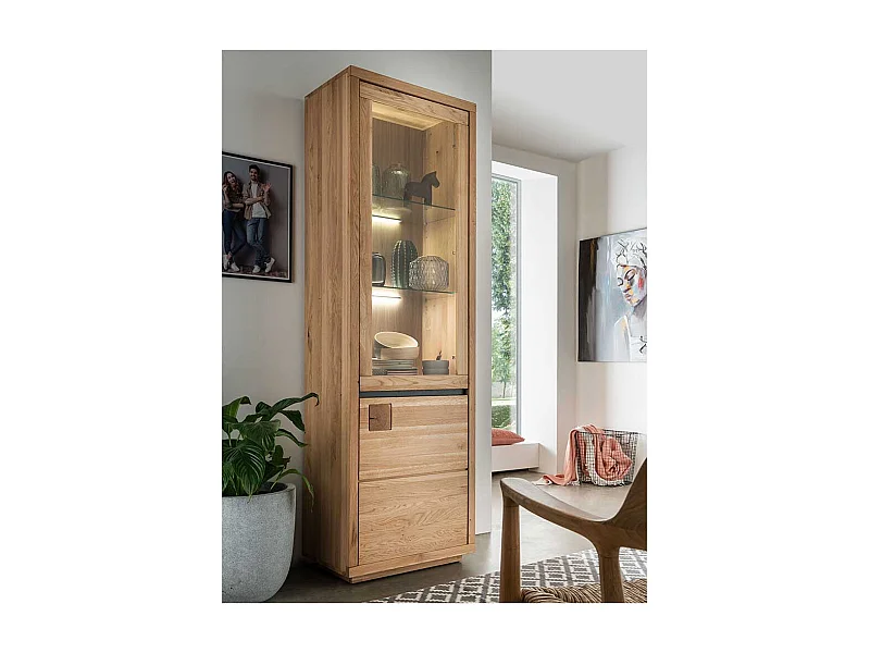 Wohnzimmervitrine aus Wildeiche Massivholz Hirnholzeinlage