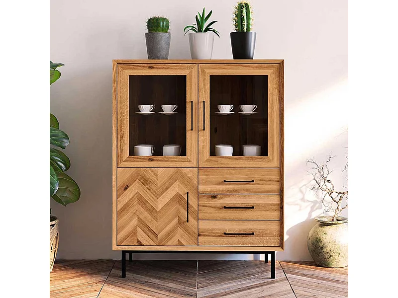 Esszimmervitrine Massivholz aus Wildeiche und Metall drei Schubladen