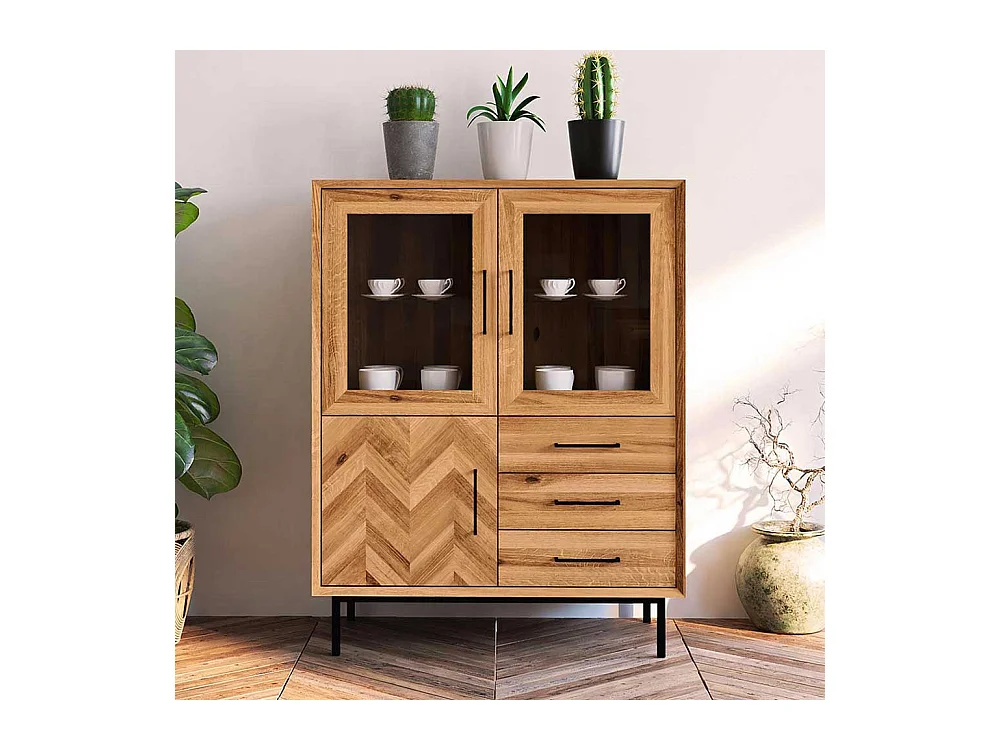 Esszimmervitrine Massivholz aus Wildeiche und Metall drei Schubladen