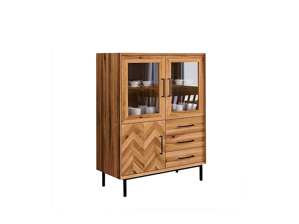 Esszimmervitrine Massivholz aus Wildeiche und Metall drei Schubladen