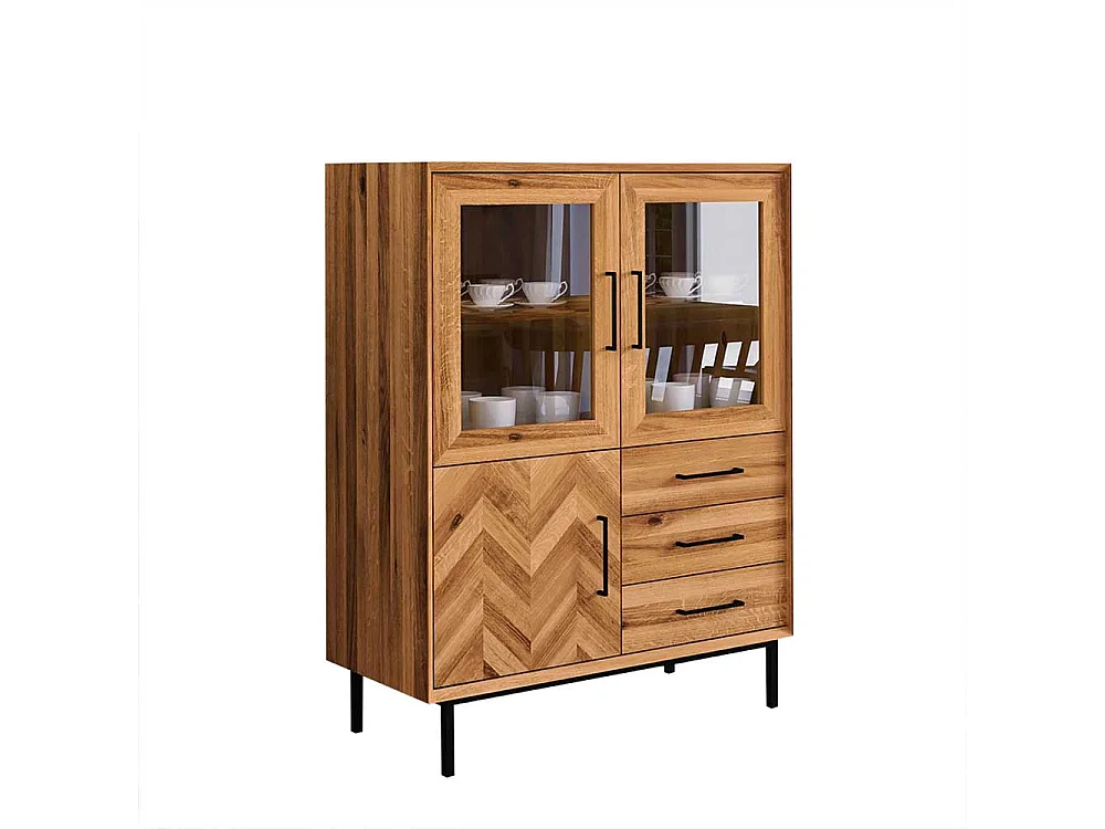 Esszimmervitrine Massivholz aus Wildeiche und Metall drei Schubladen