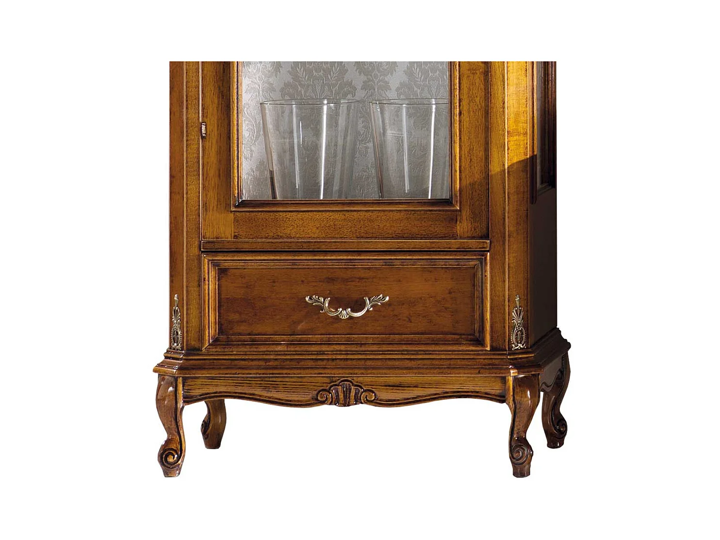 Wohnzimmervitrine in Nussbaumfarben und Weiß einer Schublade