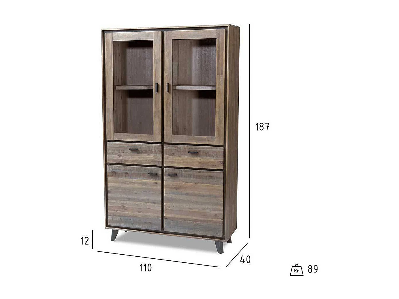 Wohnzimmervitrine aus Akazie und Stahl 110 cm breit