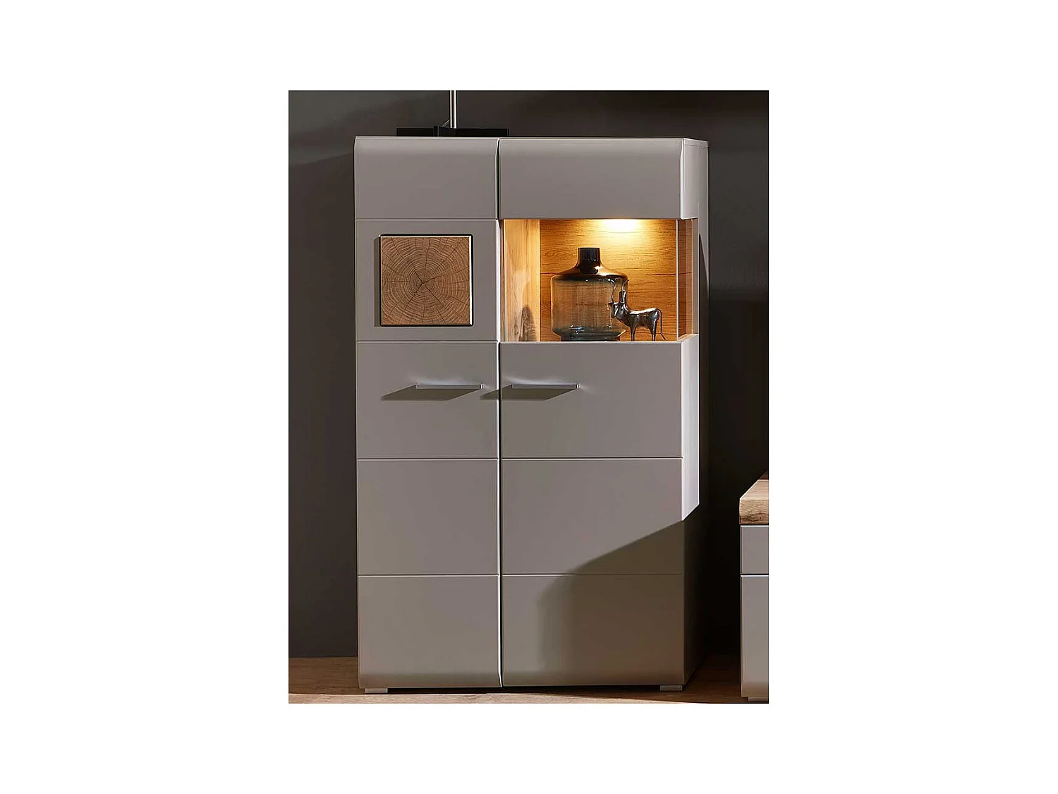 Wohnzimmer Highboard in Grau und Eiche Optik Glas