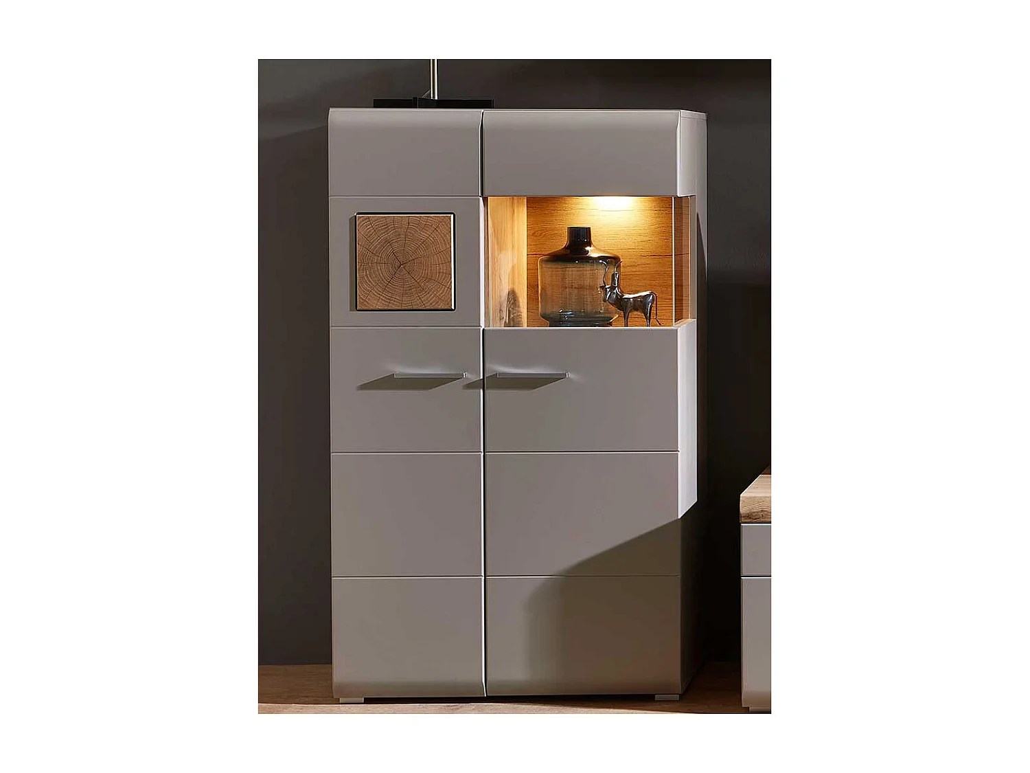 Wohnzimmer Highboard in Grau und Eiche Optik Glas