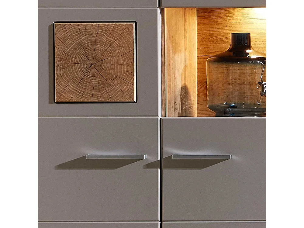 Wohnzimmer Highboard in Grau und Eiche Optik Glas