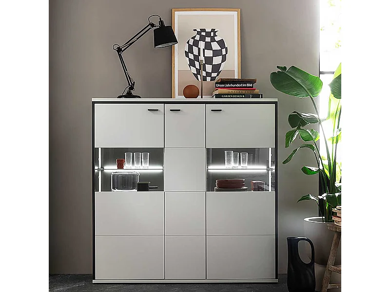 Esszimmer Highboard weiss und Schwarzgrau Glastüren