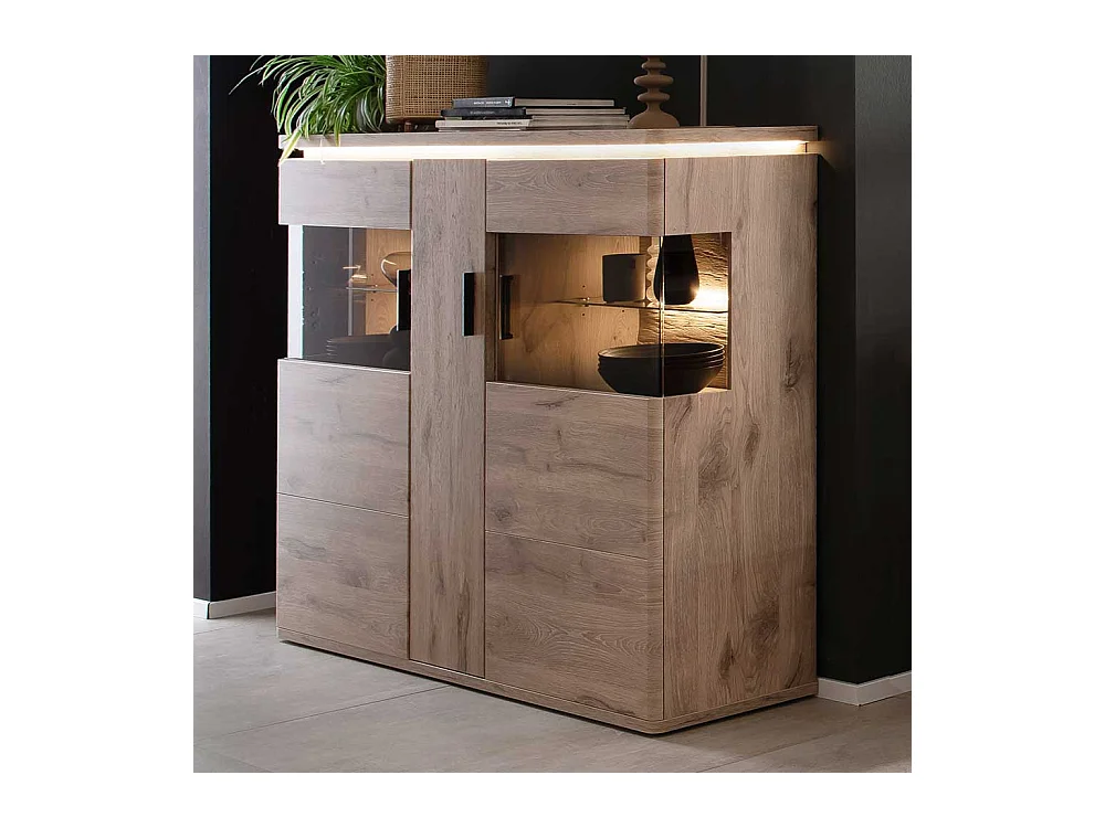 Highboard mit Glastüren in Wildeichefarben LED Beleuchtung