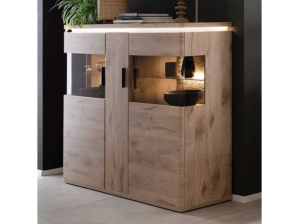 Highboard mit Glastüren in Wildeichefarben LED Beleuchtung