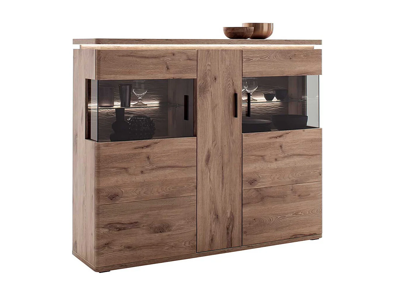 Highboard mit Glastüren in Wildeichefarben LED Beleuchtung