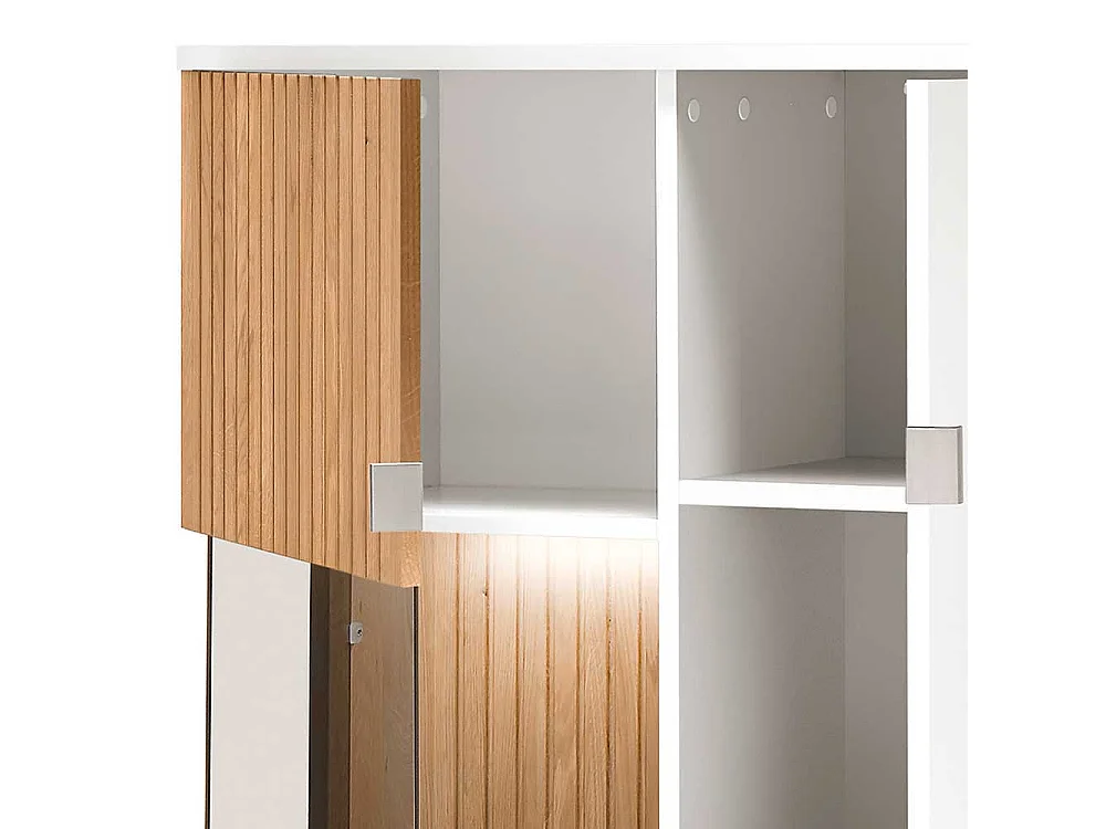 Highboard mit Glastür in Eiche Bianco und Weiß 152 cm hoch