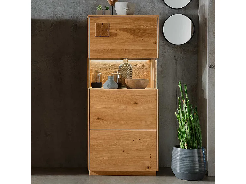 Highboard mit Glas Seiten aus Wildeiche Massivholz 145 cm hoch