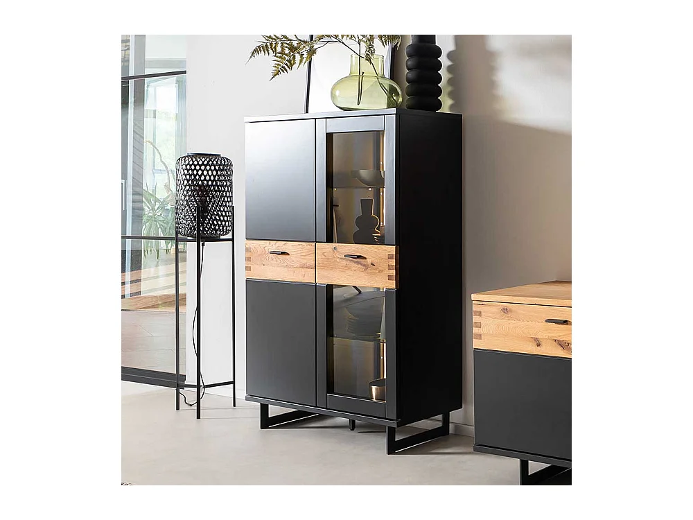 Modernes Highboard mit Glastür in Schwarzgrau Wildeichefarben