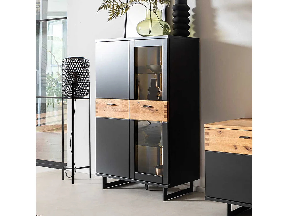 Modernes Highboard mit Glastür in Schwarzgrau Wildeichefarben