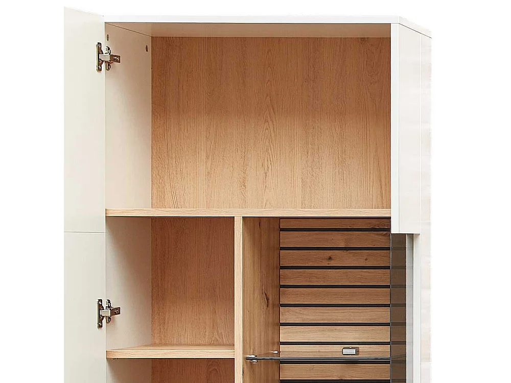 Esszimmervitrinenschrank modern in Weiß und Wildeichefarben 201 cm hoch