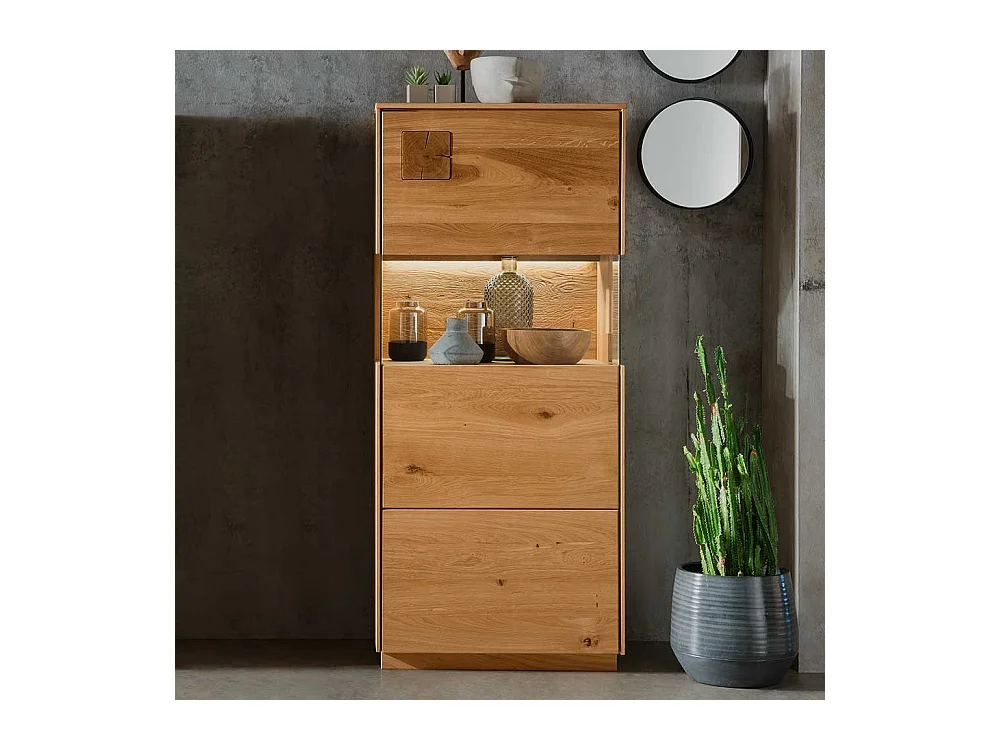 Highboard mit Glas Seiten aus Wildeiche Massivholz 145 cm hoch