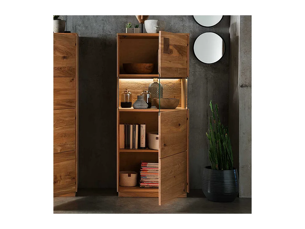 Highboard mit Glas Seiten aus Wildeiche Massivholz 145 cm hoch