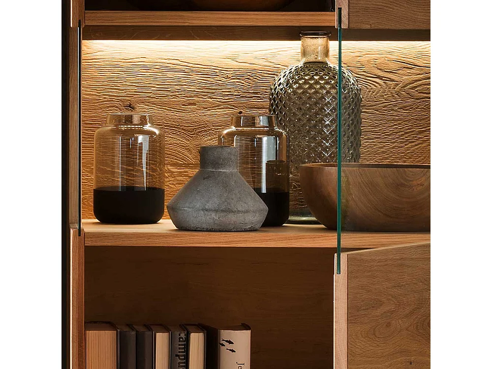 Highboard mit Glas Seiten aus Wildeiche Massivholz 145 cm hoch