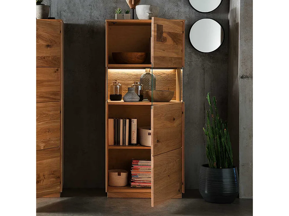 Highboard mit Glas Seiten aus Wildeiche Massivholz 145 cm hoch