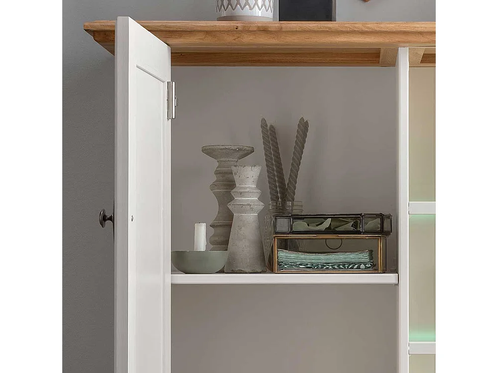 Landhaus Highboard in Weiß und Eichefarben zwei Schubladen und Türen