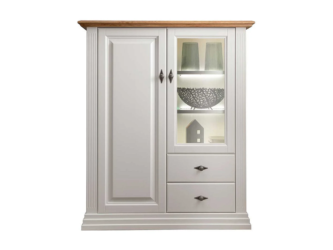 Landhaus Highboard in Weiß und Eichefarben zwei Schubladen und Türen