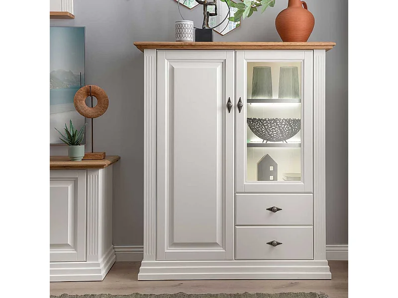 Landhaus Highboard in Weiß und Eichefarben zwei Schubladen und Türen
