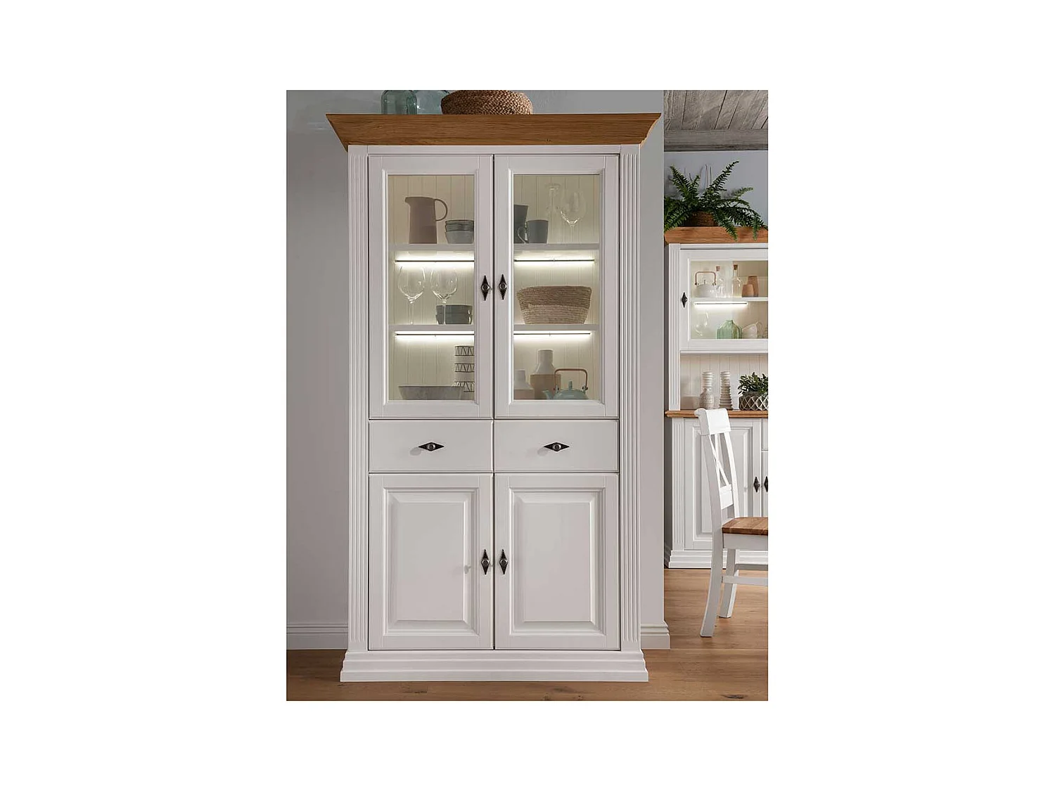 Esszimmervitrinenschrank im Landhausstil Kiefer und Eiche Massivholz